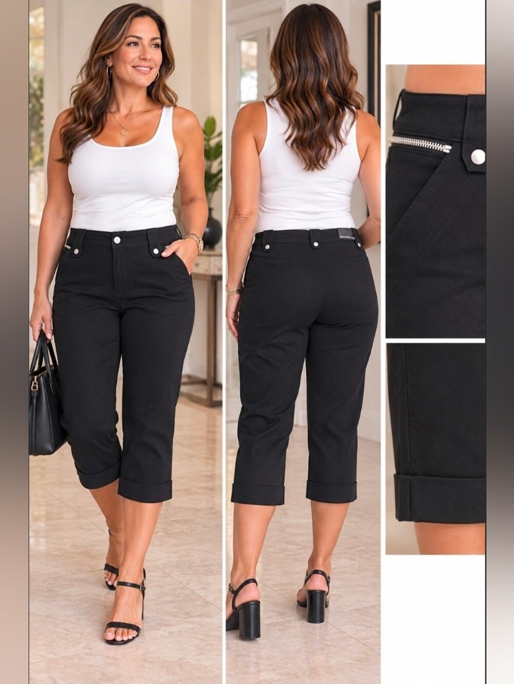 Women's Black Capri Pants with Zip Pocket Detail